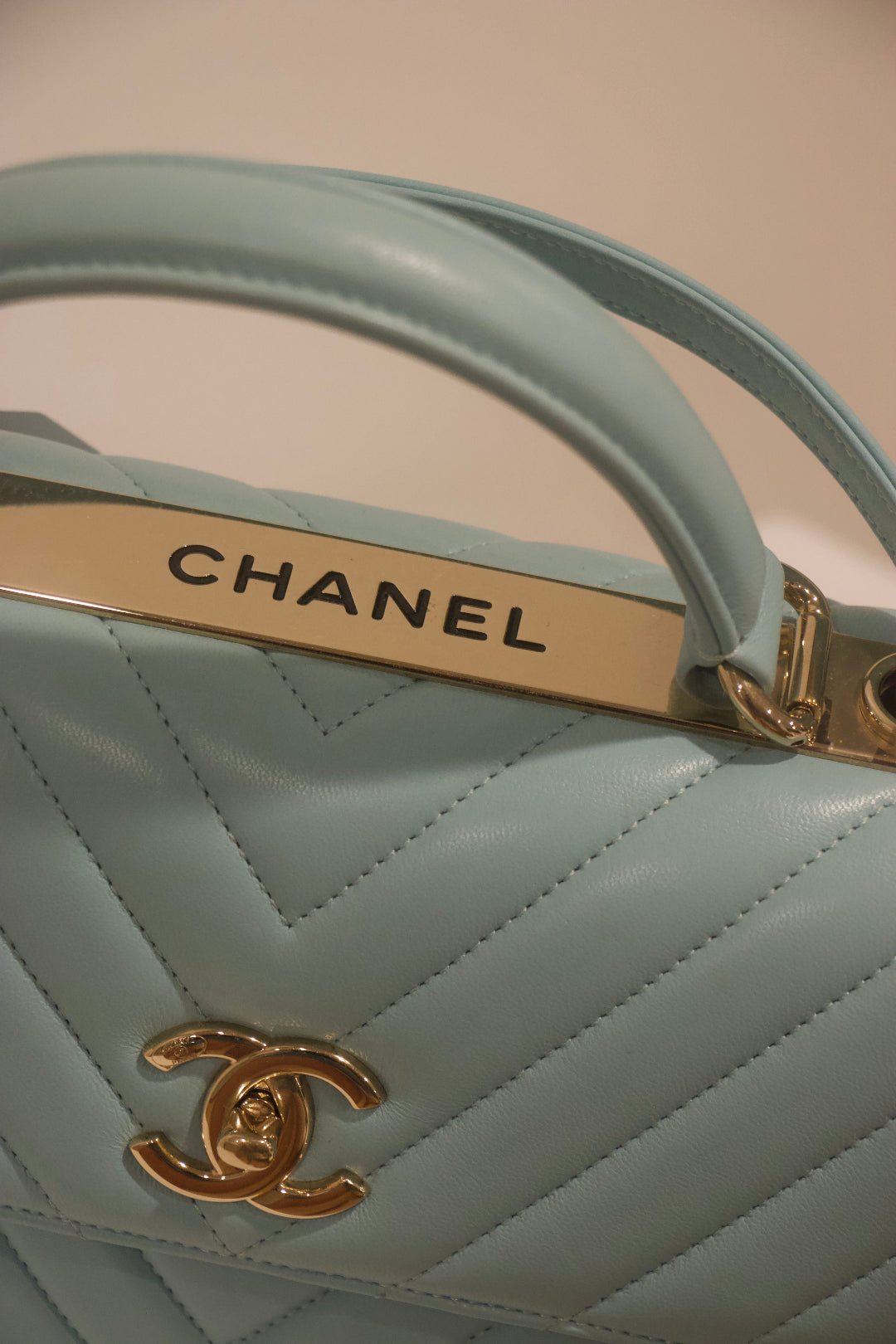 CHANEL Lambskin Chevron Quilted Small CC Dual Handle Flap Bag Top