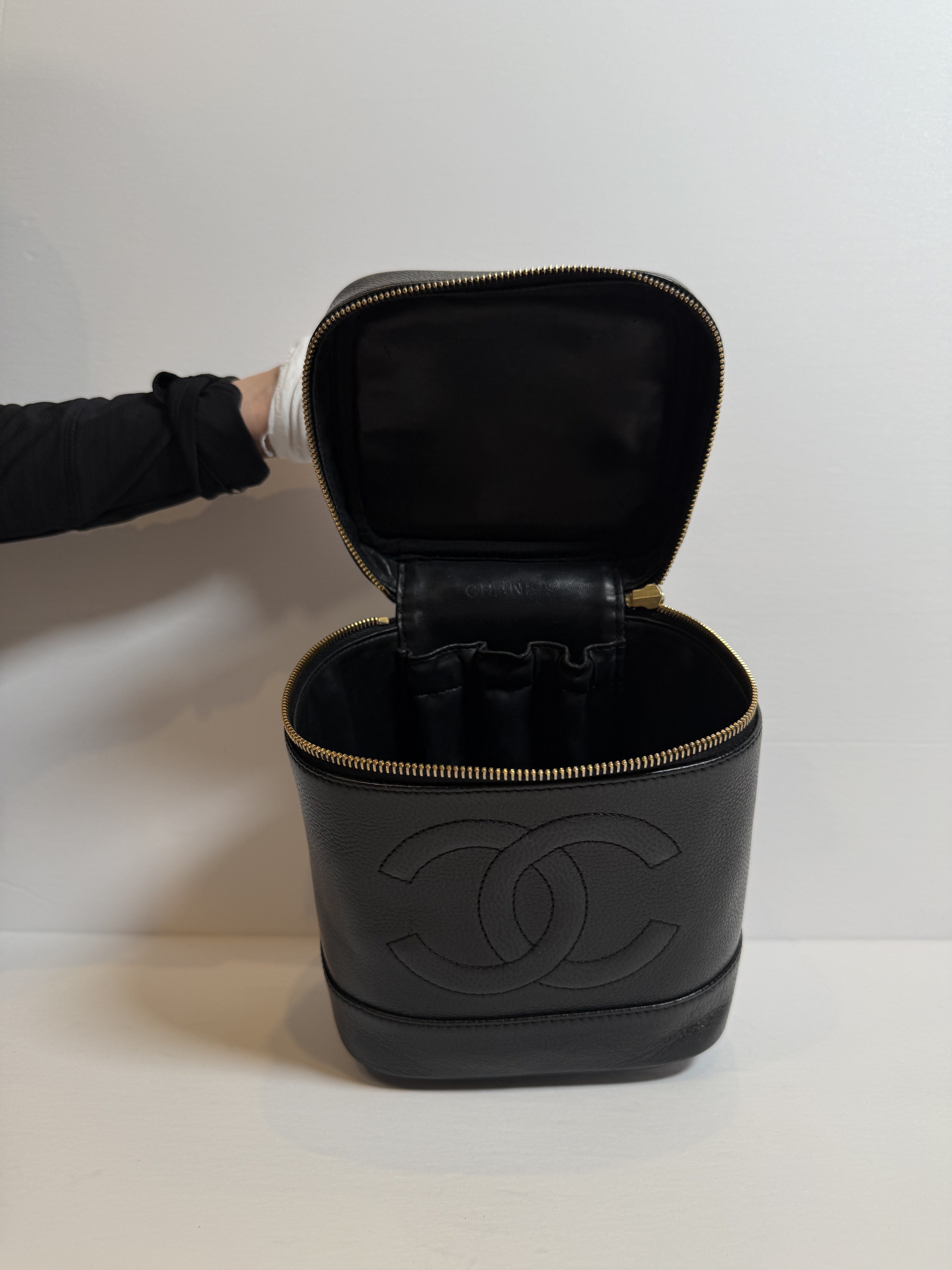 Chanel Caviar Cosmetic Vanity Bag Black Open