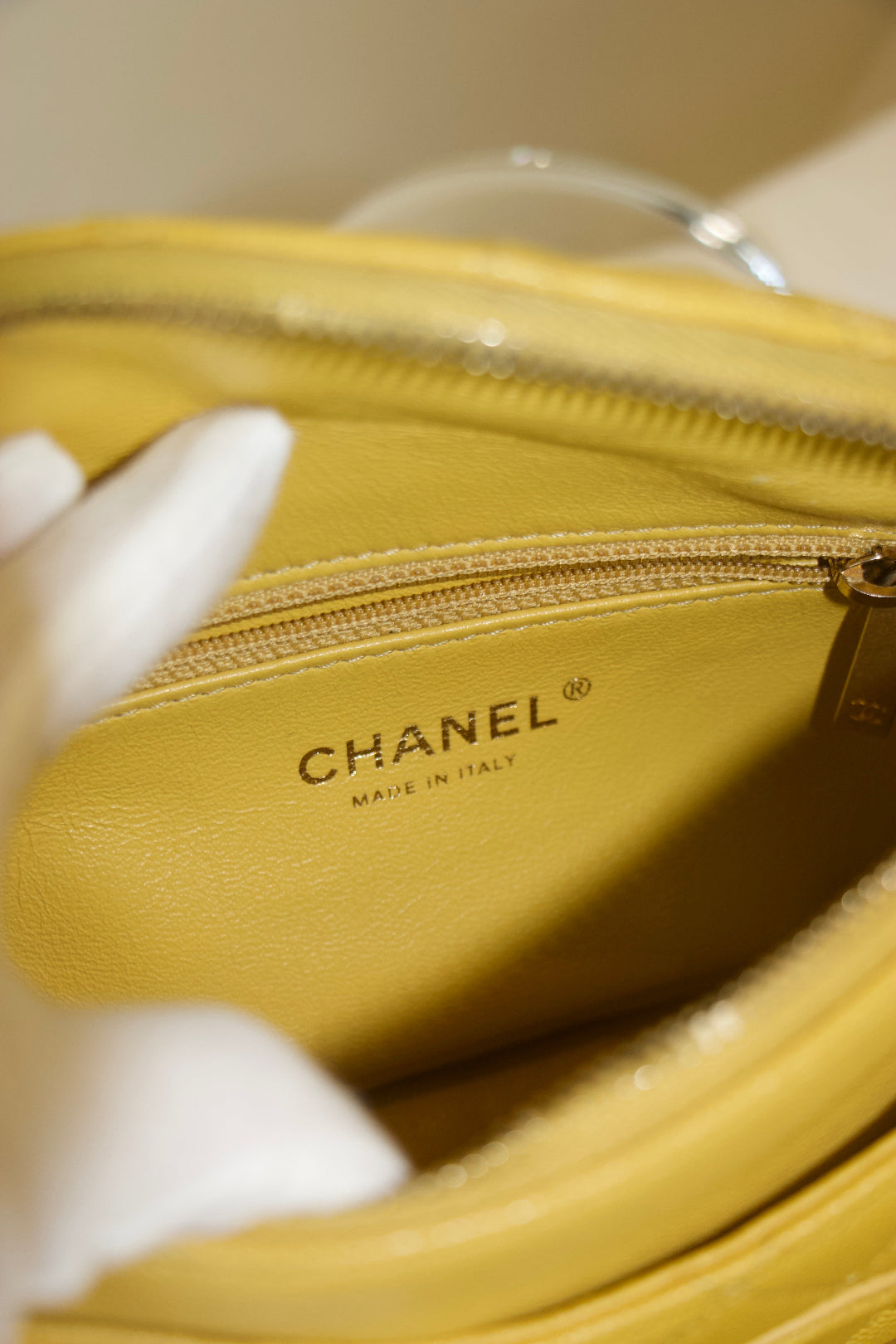 Chanel Filigree Wallet on Chain Yellow interior