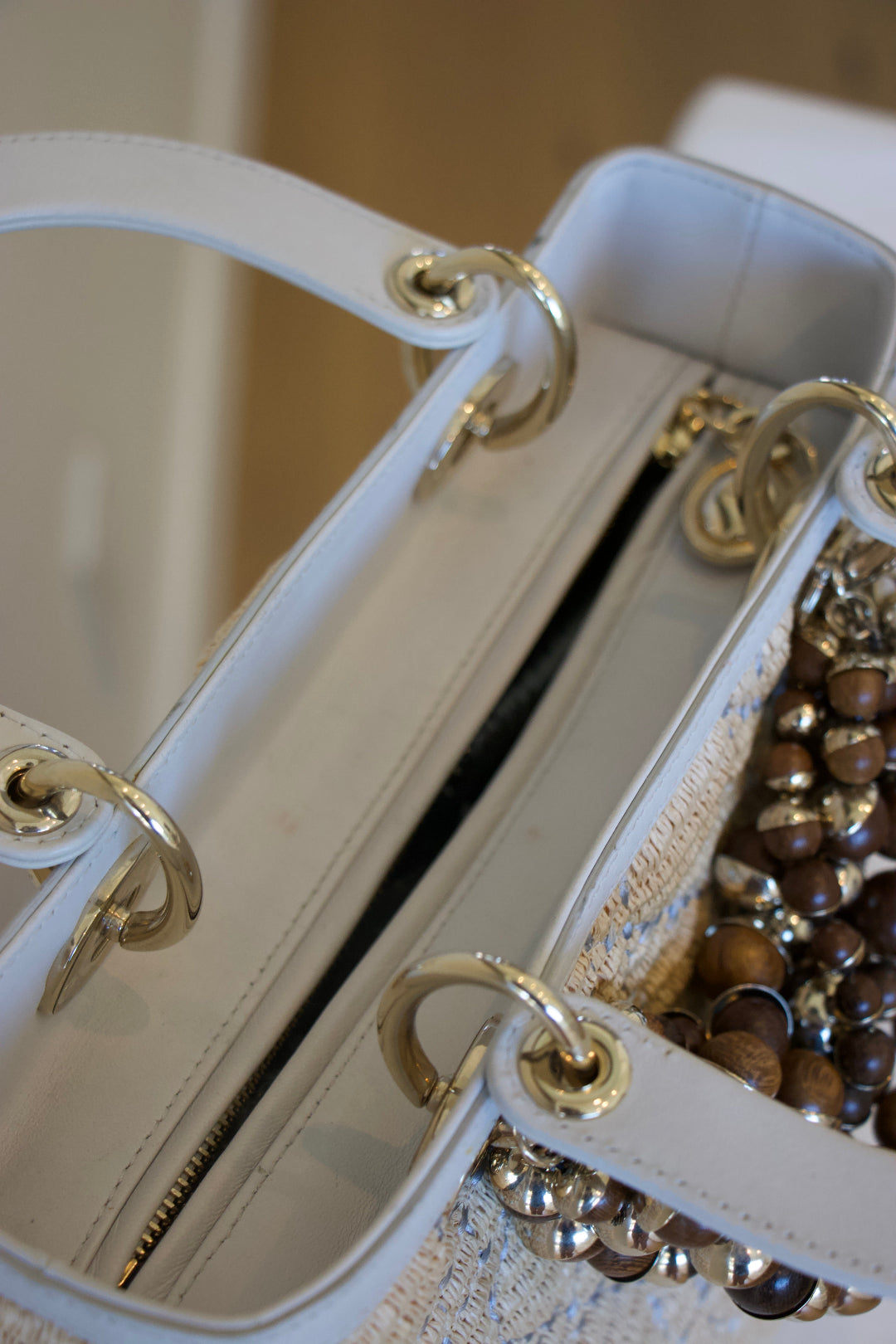 Dior Raffia Embellished Lady Dior Bag Zipper