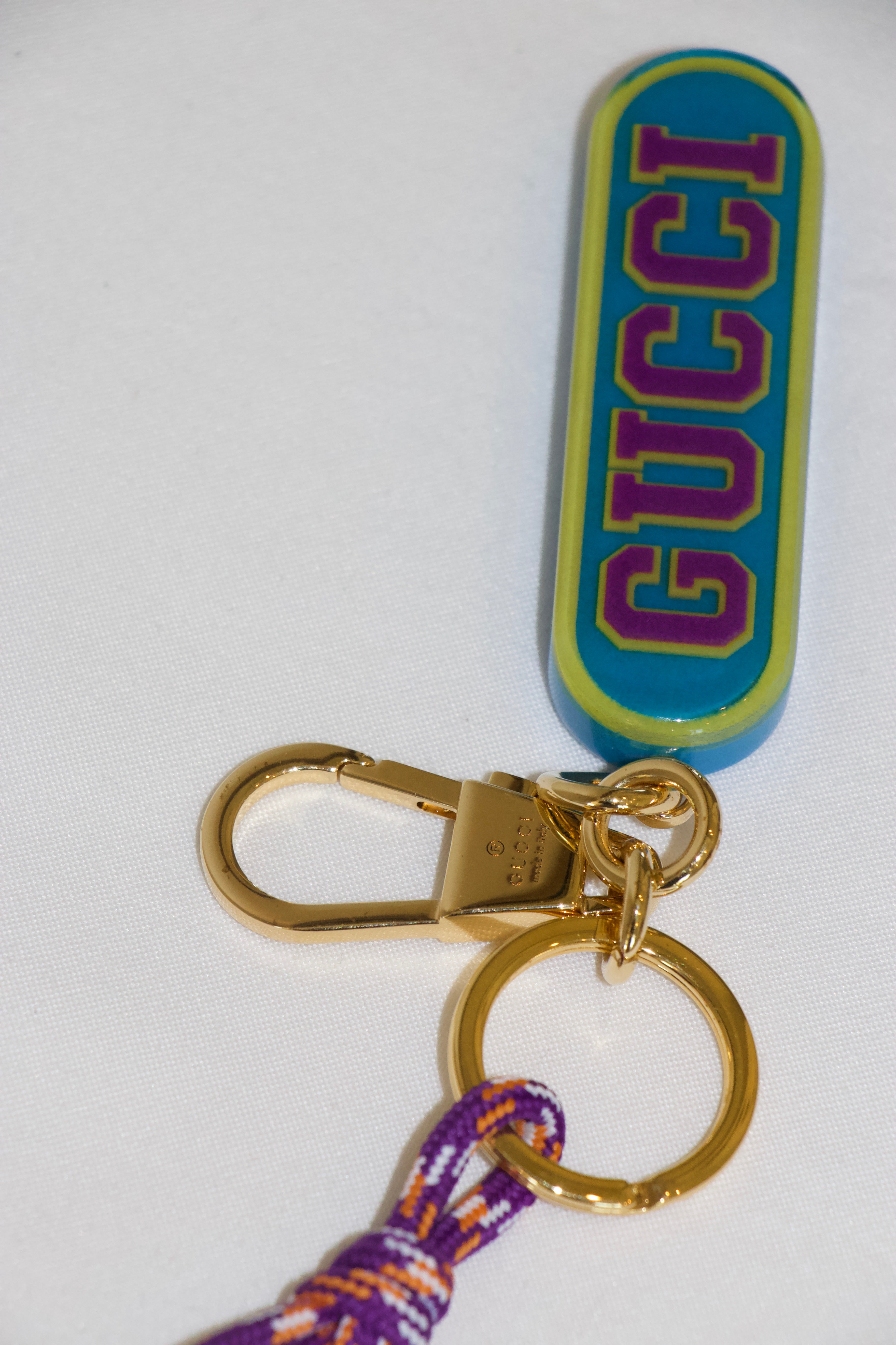 Gucci Purple and Green Plexiglass Keychain Close Up